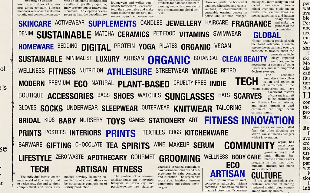A cloud of the product categories we work in — supplements, candles, jewellery, haircare, organic, athleisure and more